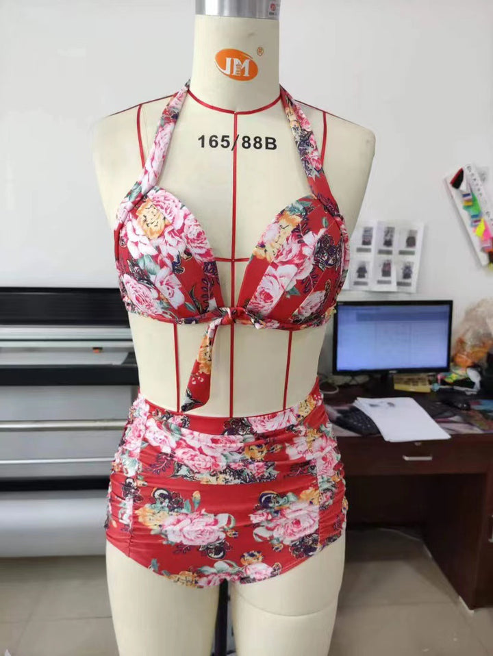 Ladies high-waisted bikini set with floral design and ruffles Mune Fashion