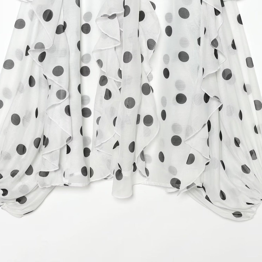 Women Transparent Polka Dot Chiffon Blouse with XXL Ruffles and Bow Collar Mune Fashion