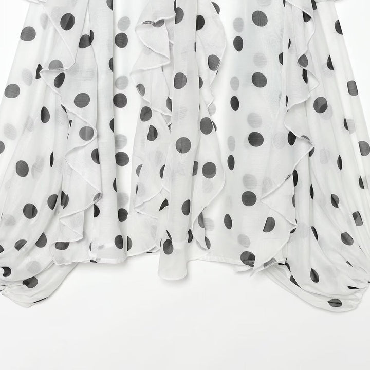 Women Transparent Polka Dot Chiffon Blouse with XXL Ruffles and Bow Collar Mune Fashion