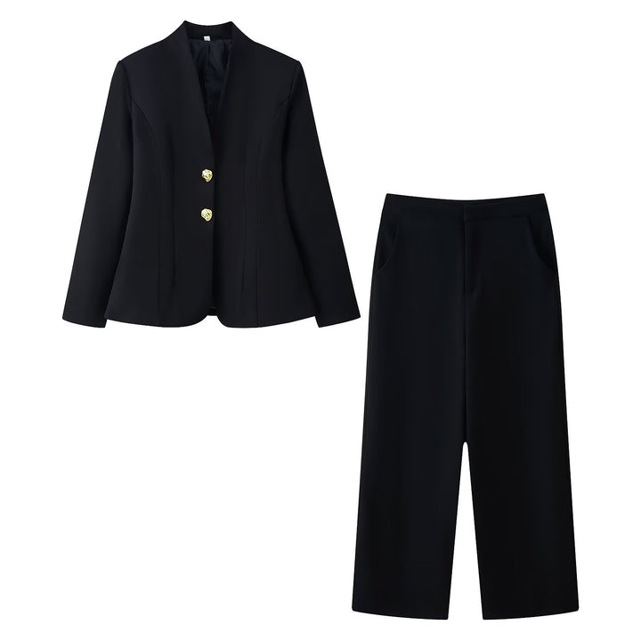 Women Tailored Blazer with V‑Neck, Seamless Silhouette and Decorative Buttons Mune Fashion