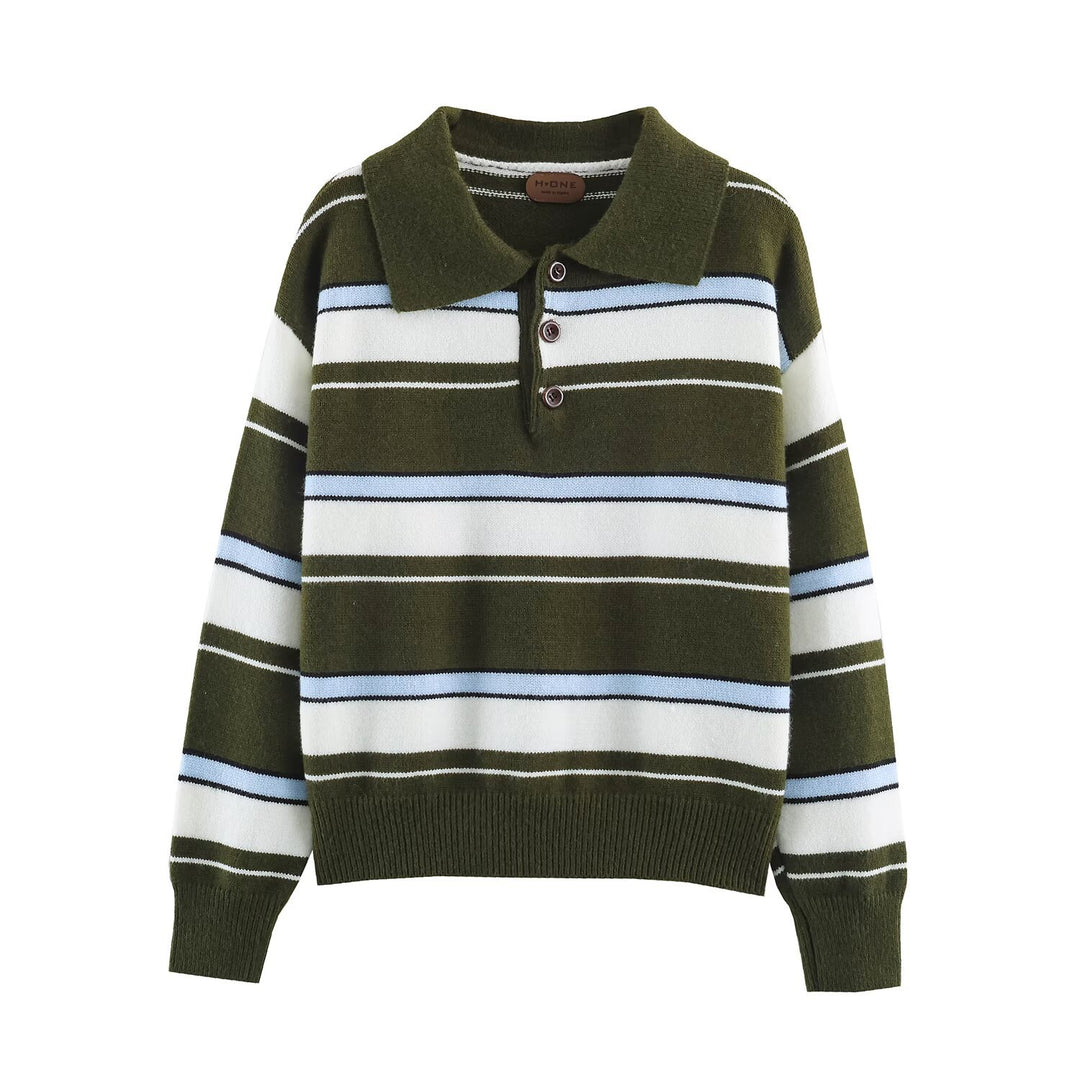Women's Striped Polo Collar Sweater with Button Placket and Ribbed Cuffs Mune Fashion