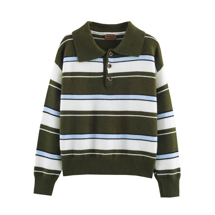 Women's Striped Polo Collar Sweater with Button Placket and Ribbed Cuffs Mune Fashion