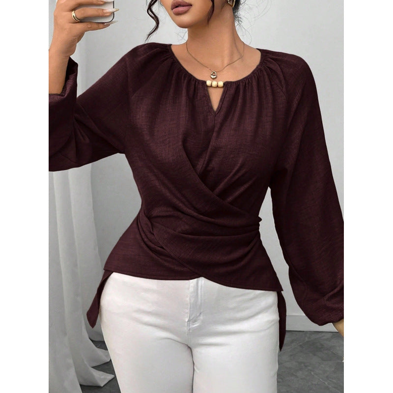 Women Tailored Wrap Blouse with Pearl Detail and Balloon Sleeves Mune Fashion