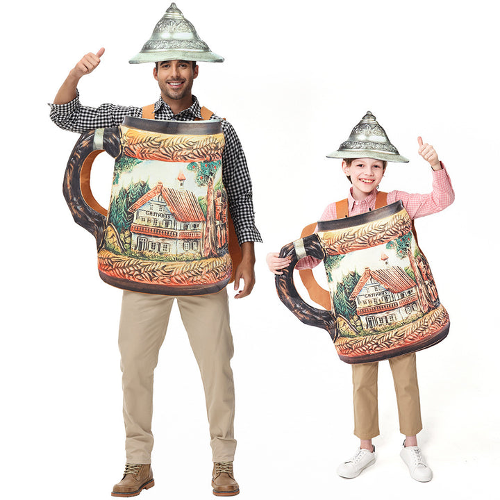 Men's humorous beer mug costume with removable lid and adjustable carrying straps Mune Fashion