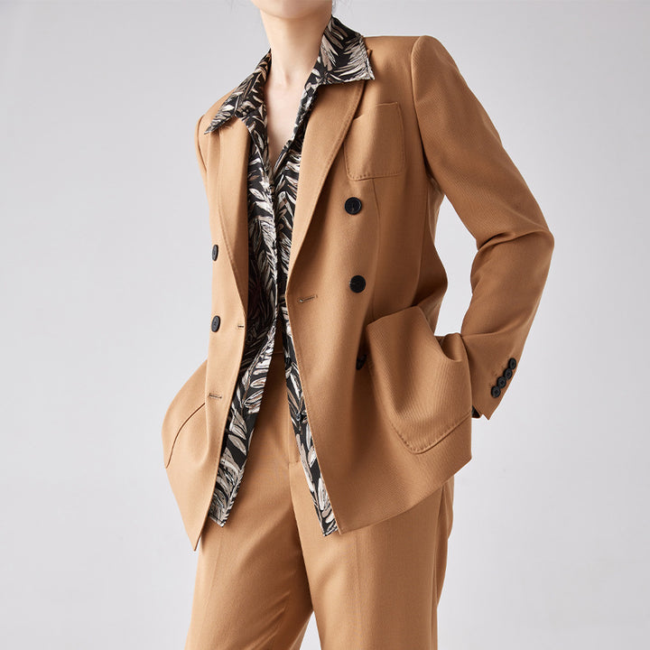 Women's Double-Breasted Blazer-Pants Set made of Wool Blend with Casual Oversized Blazer and High-Waisted Pleated Trousers Mune Fashion