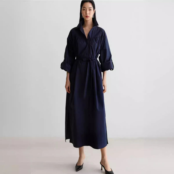 Women Long Sleeve Shirt Blouse Maxi Dress with Structured Shoulder Yoke and Tie Belt Mune Fashion