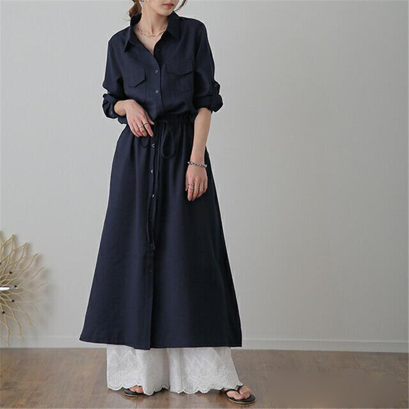 Ladies long shirt dress with drawstring waist and patch chest pockets Mune Fashion