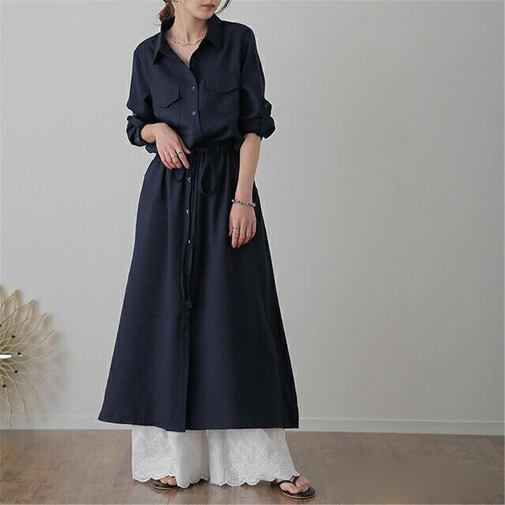 Ladies long shirt dress with drawstring waist and patch chest pockets Mune Fashion