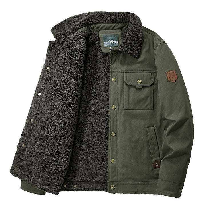 Men's Lined Canvas Trucker Jacket with Teddy Fleece Lining and Shirt Collar Mune Fashion