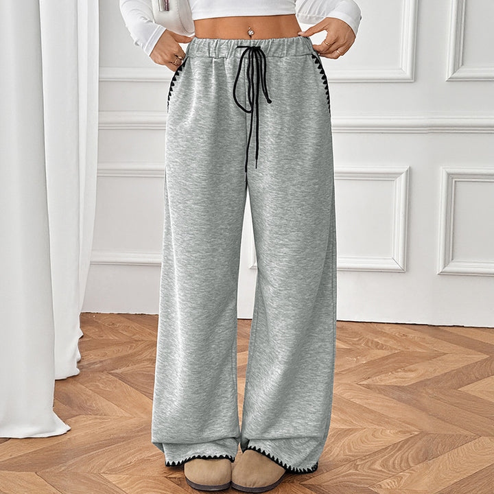 Women's Wide Relax Fleece Pants with High Waist, Drawstring and Decorative Stitch Details Mune Fashion
