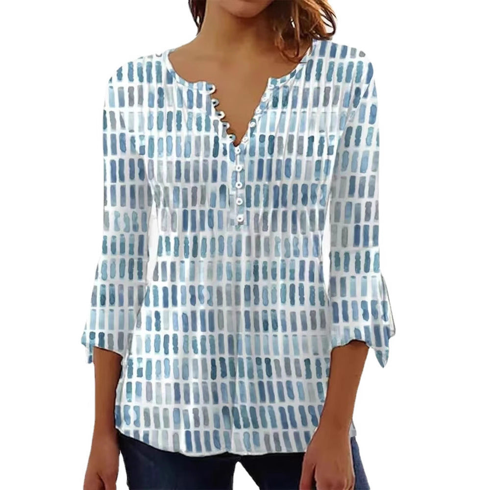 Women nan airy light watercolor print blouse shirt with Henley button placket and three-quarter bell sleeves Mune Fashion