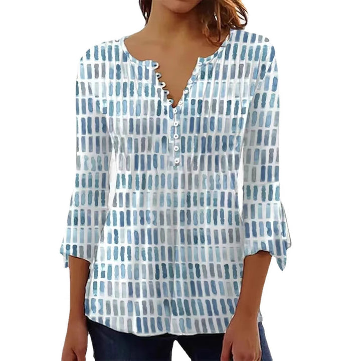 Women nan airy light watercolor print blouse shirt with Henley button placket and three-quarter bell sleeves Mune Fashion