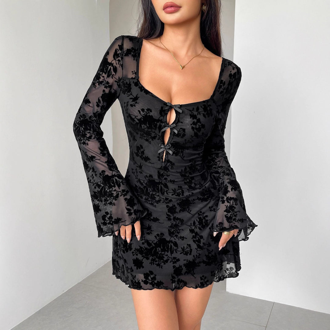 Women Nano Short Mesh Dress with Floral Velvet Flock Look, Neckline Openings and Decorative Ribbons Mune Fashion
