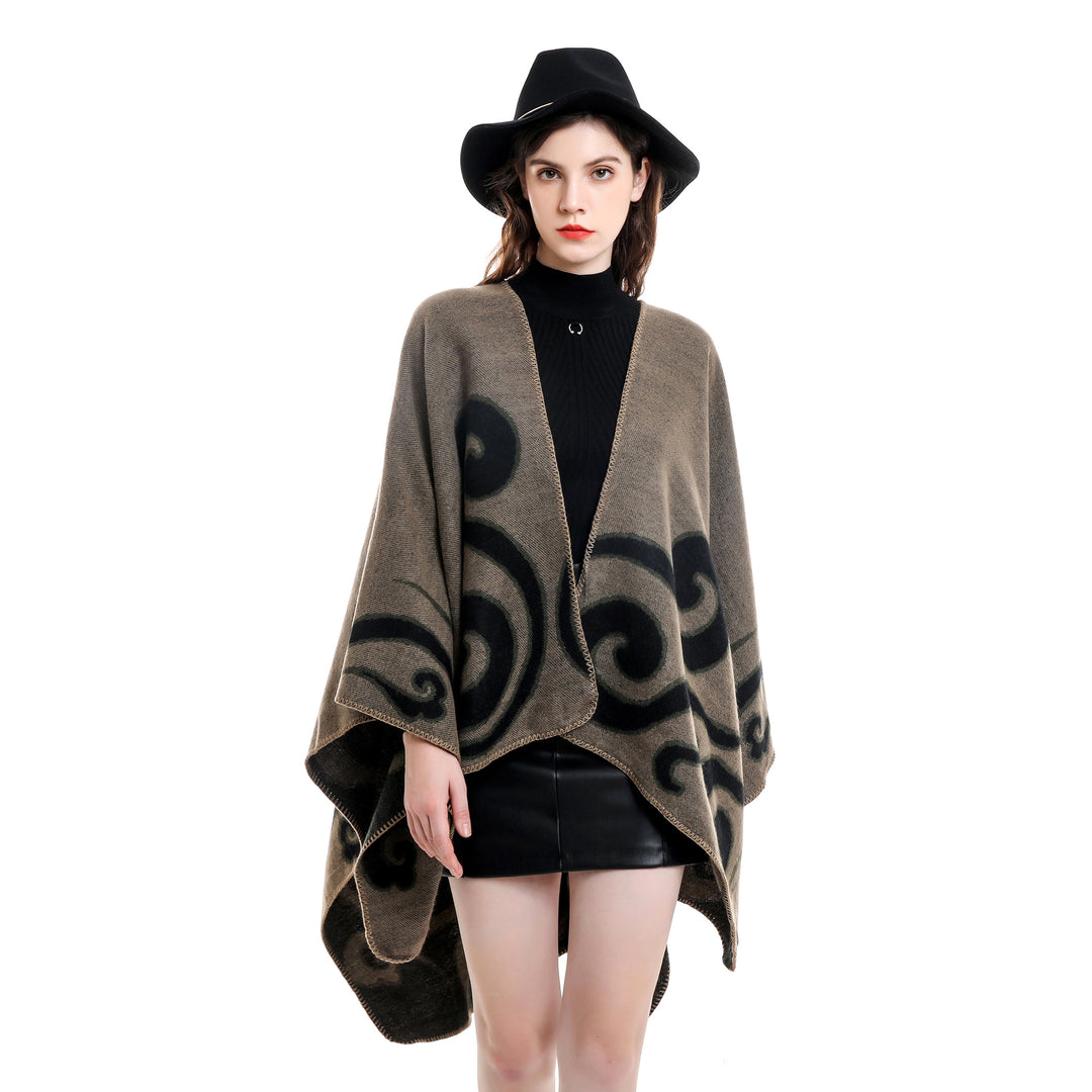 Women's Wool Blend Cape Poncho in Ruana Cut with Ornamental Intarsia Structure Mune Fashion