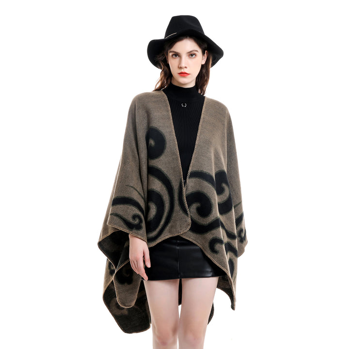 Women's Wool Blend Cape Poncho in Ruana Cut with Ornamental Intarsia Structure Mune Fashion