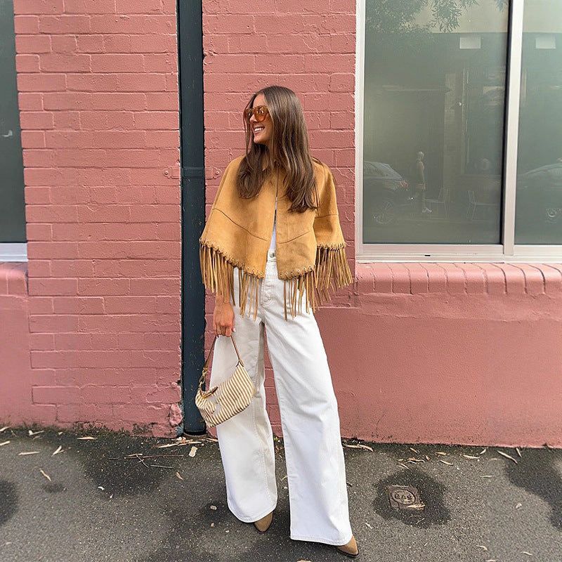 Women's Suede-Look Fringe Cape with Shirt Collar and Eyelet Decoration Mune Fashion