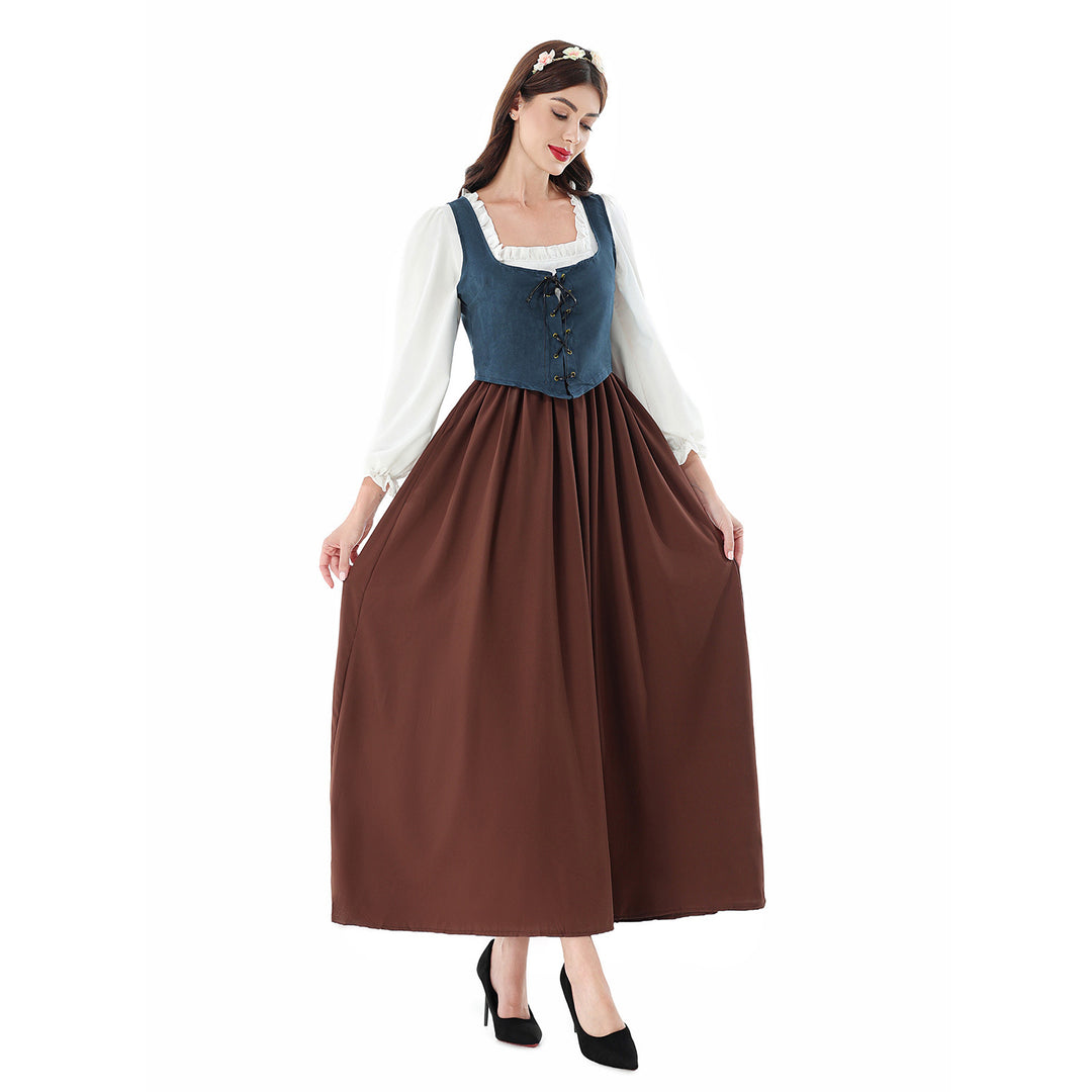 Women's nan historical medieval dress with laced bodice, ruffled blouse, and wide maxi skirt Mune Fashion