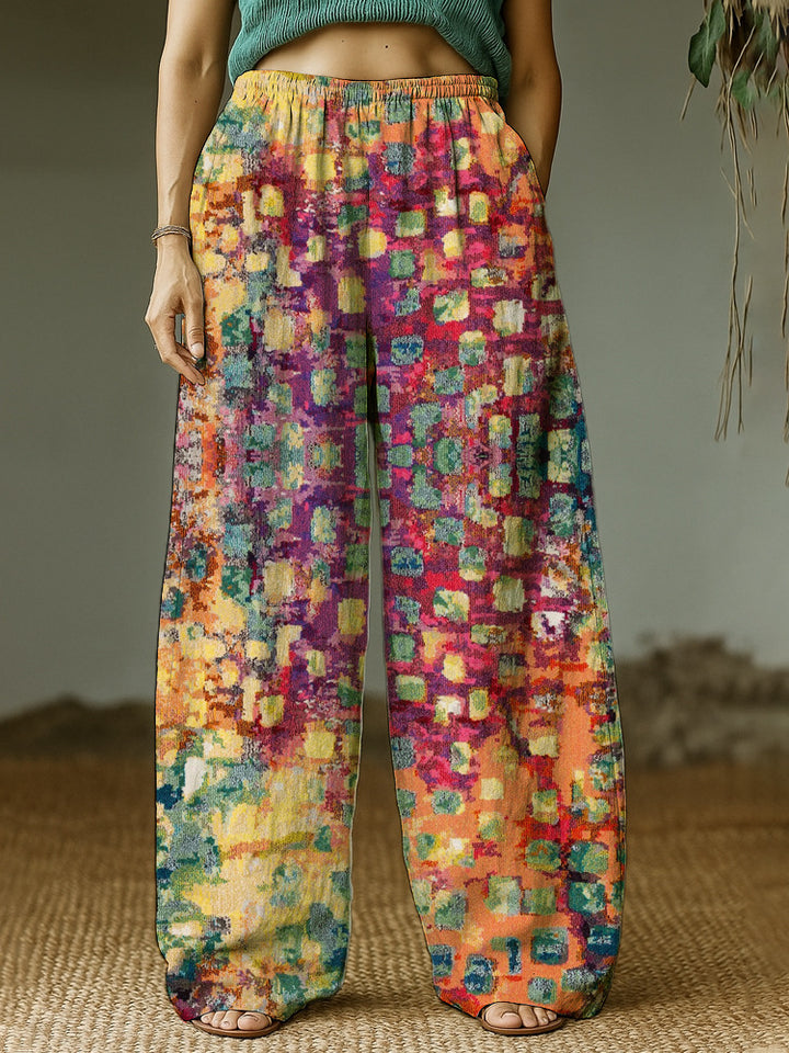 Women's Wide Leisure Pants with Ethnic Patchwork Pattern Mune Fashion