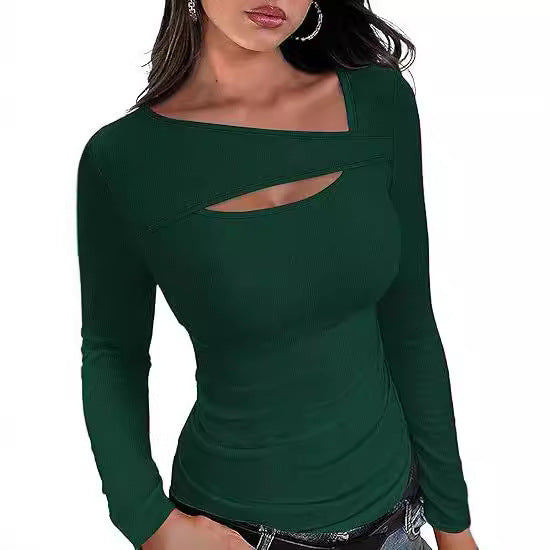Women's Ribbed Long Sleeve Shirt with Asymmetrical Off-Shoulder Neckline and Chest Cut-Out Mune Fashion