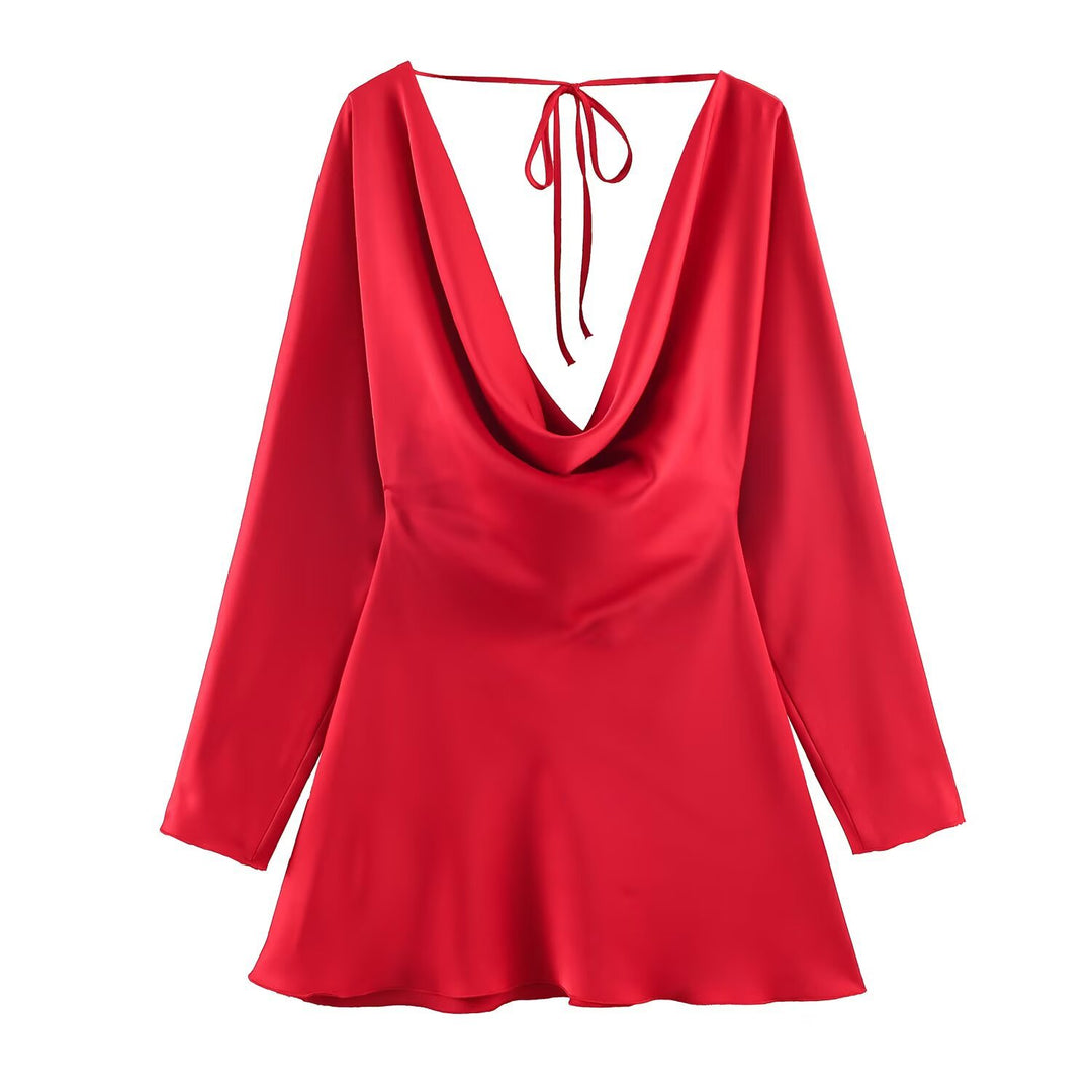 Women's Short Satin Mini Dress with Deep Waterfall Back, V-Neck Front, and Long Sleeves Mune Fashion