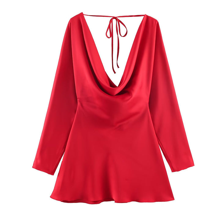 Women's Short Satin Mini Dress with Deep Waterfall Back, V-Neck Front, and Long Sleeves Mune Fashion
