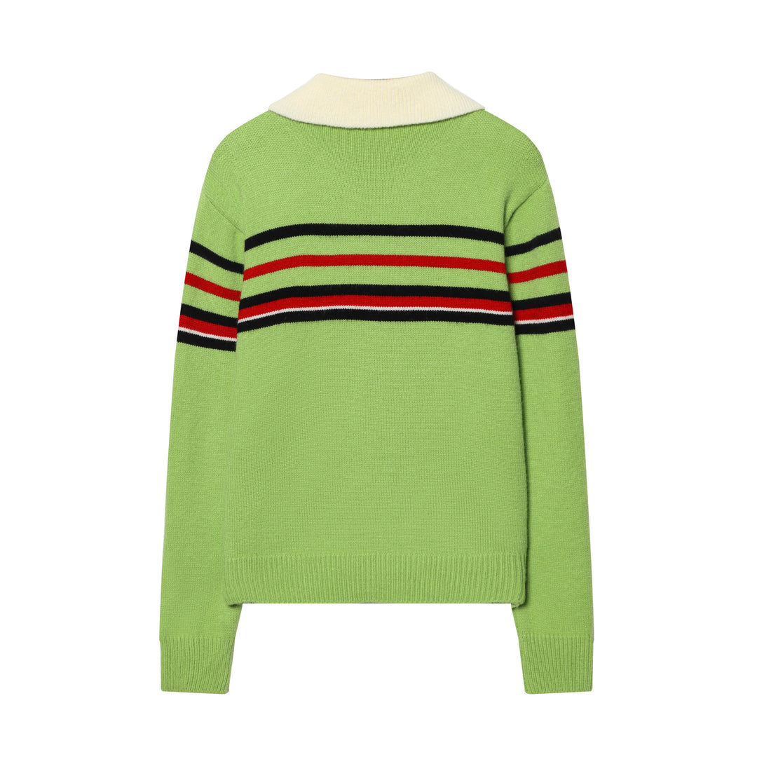 Women's ribbed knit pullover with half zip, large contrast collar, and striped chest area Mune Fashion