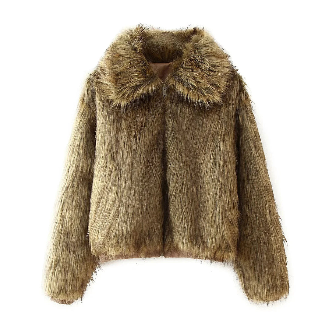 Women's short-cropped vegan faux fur jacket with voluminous shawl collar and concealed zipper Mune Fashion