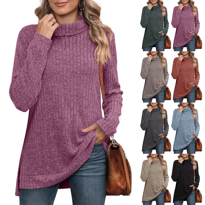 Women's ribbed knit tunic with roll neck, side slits, and extended hem Mune Fashion