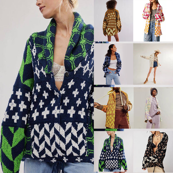 Ladies Oversized Cardigan with Shawl Collar and Graphic Pattern Mune Fashion