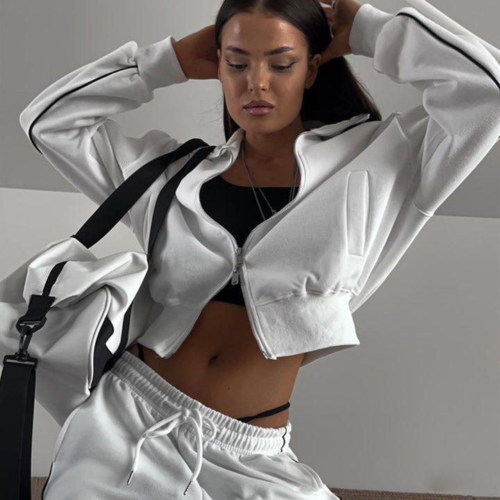 Women's nano short zipper hoodie and high waist jogging pants set with decorative side piping Mune Fashion