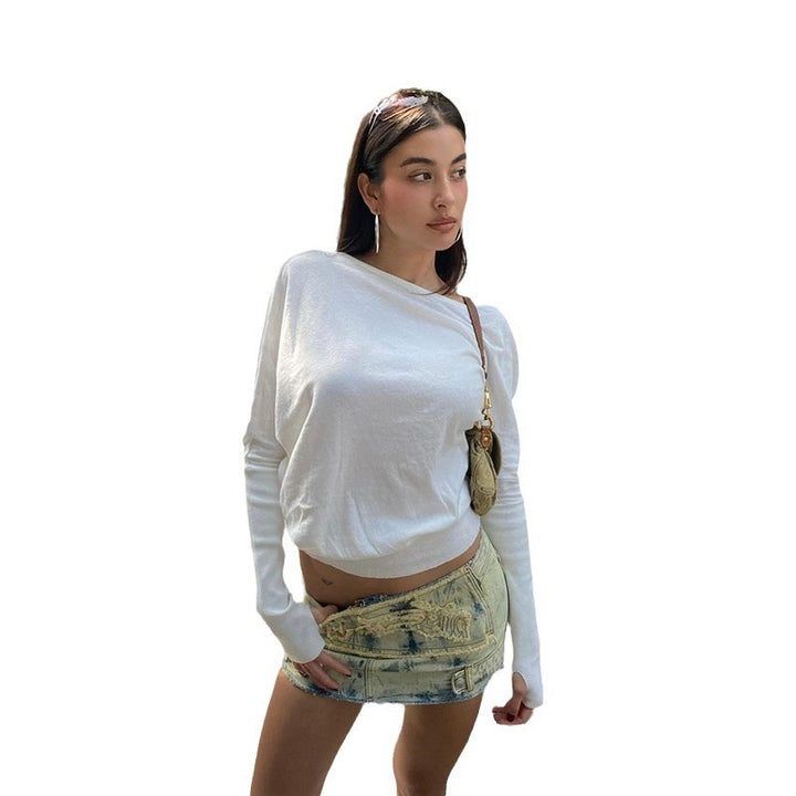 Women's nano asymmetrical lightweight long-sleeve cropped shirt with one-shoulder detail and stretchy cotton blend Mune Fashion