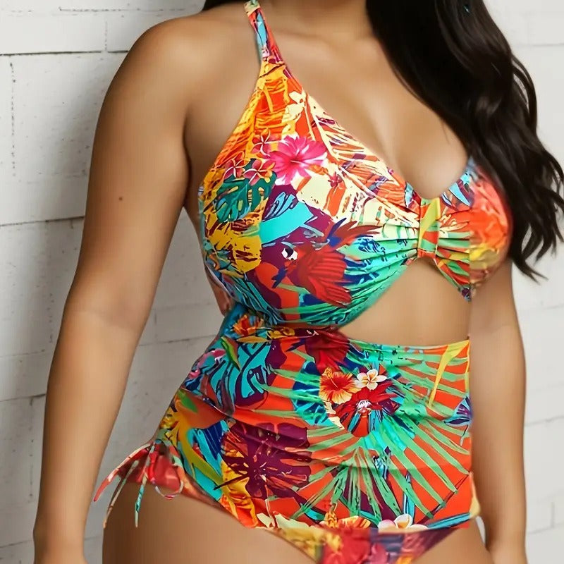 Women's One-Piece Swimsuit with Exotic Cut and Colorful Tropical Design Mune Fashion