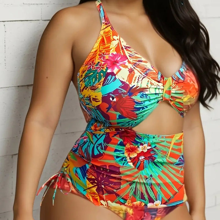 Women's One-Piece Swimsuit with Exotic Cut and Colorful Tropical Design Mune Fashion