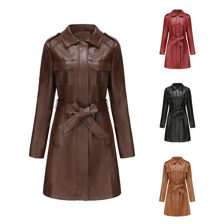 Women's longer faux leather trench coat with belt and shoulder tabs Mune Fashion