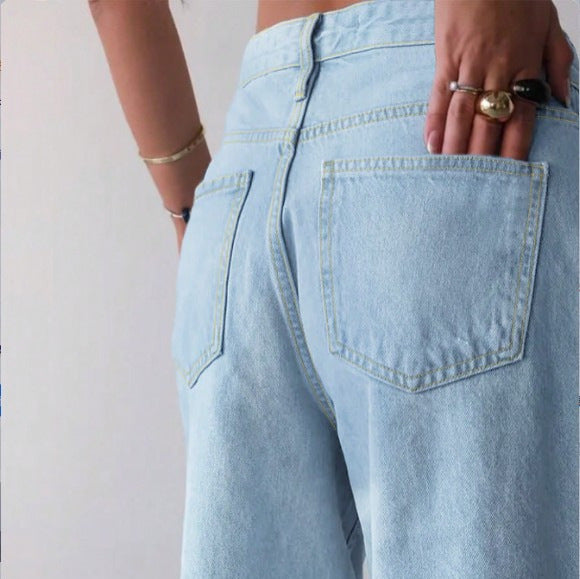 Women's Wide Denim Culotte with High Waist, Distressed Details and Raw Hem Mune Fashion