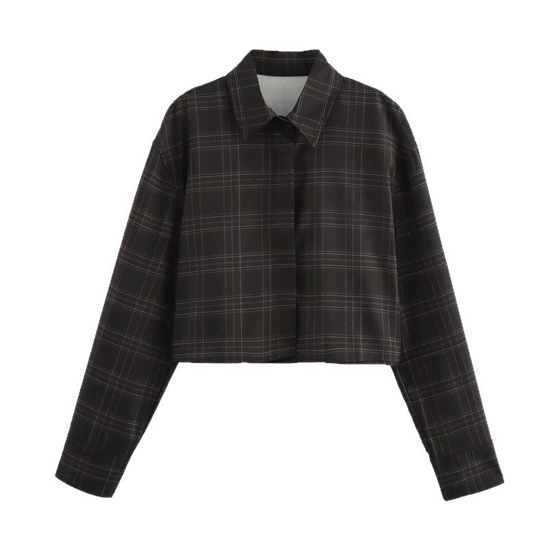 Women's Cropped Boxy Shirt Jacket in Checkered Pattern with Concealed Button Placket Mune Fashion