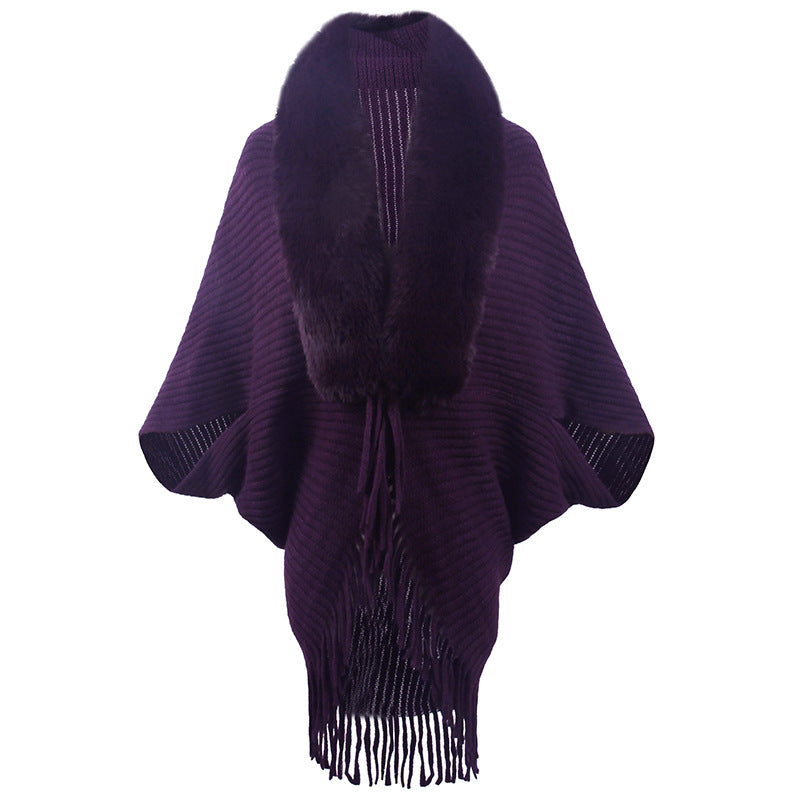 Women's Luxurious Knit Poncho with Elegant Faux Fur Collar and Fringes Mune