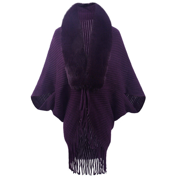 Women's Luxurious Knit Poncho with Elegant Faux Fur Collar and Fringes Mune