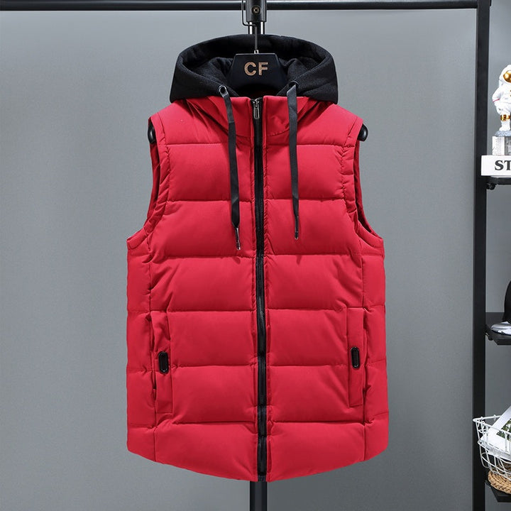 Men's Padded Hooded Vest with Stand-up Collar, Full-length Zipper and Drawstring Mune Fashion