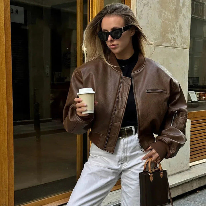 Women's Casual Bomber Jacket Made Of High-Quality Faux Leather Mune