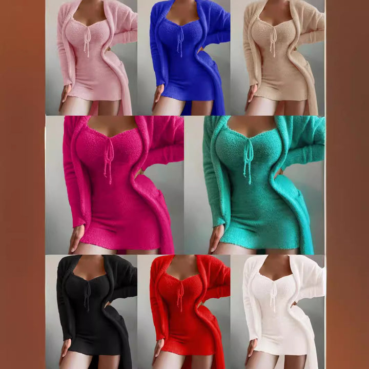 Women's luxurious teddy fleece lounge set with long cardigan, gathered cropped bustier and high waist pants Mune Fashion