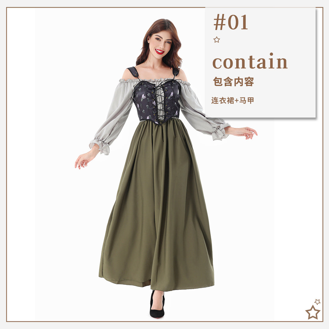 Ladies Corsage Dress with Lace-Up Corset and Off-the-Shoulder Blouse Top Mune Fashion