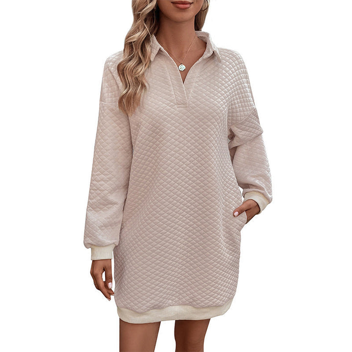 Women Quilted Sweat Dress-Tunic with Polo Collar and Ribbed Hem