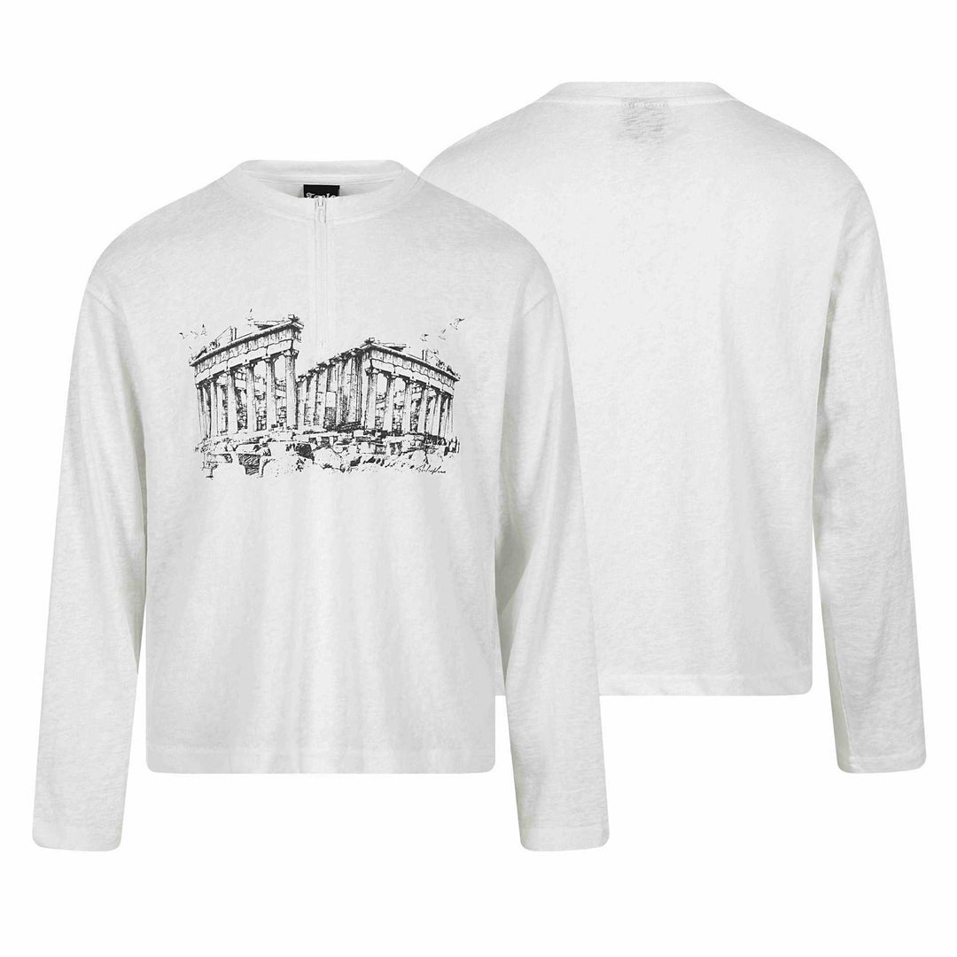 Unisex Long Sleeve Half Zip Shirt with Stand-Up Collar and Parthenon Print Mune Fashion