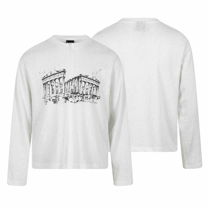 Unisex Long Sleeve Half Zip Shirt with Stand-Up Collar and Parthenon Print Mune Fashion