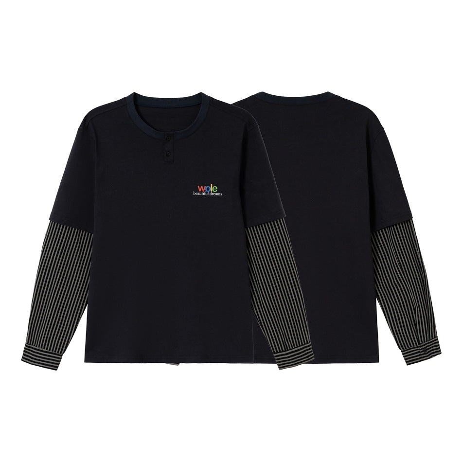 Unisex Layered Long Sleeve Shirt with Henley Placket and Striped Sleeve Inserts Mune Fashion