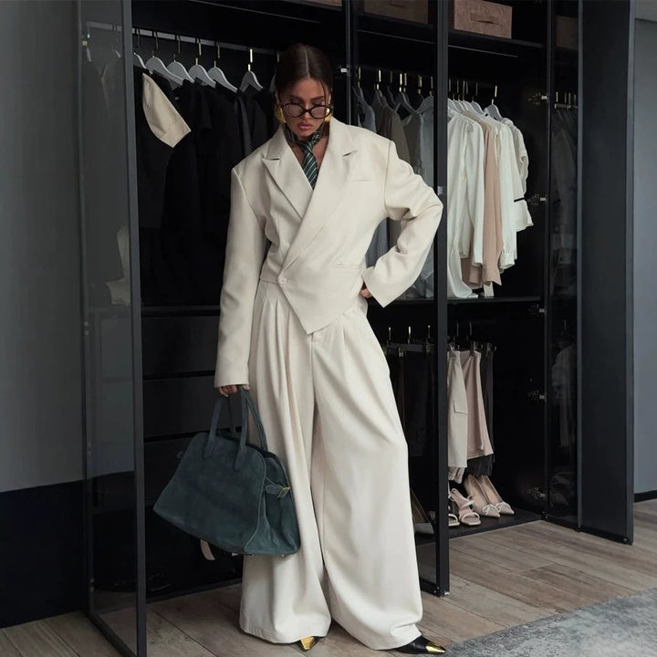 Women Oversized Blazer Set with Tailored Peplum and Pleated Midi Skirt Mune Fashion