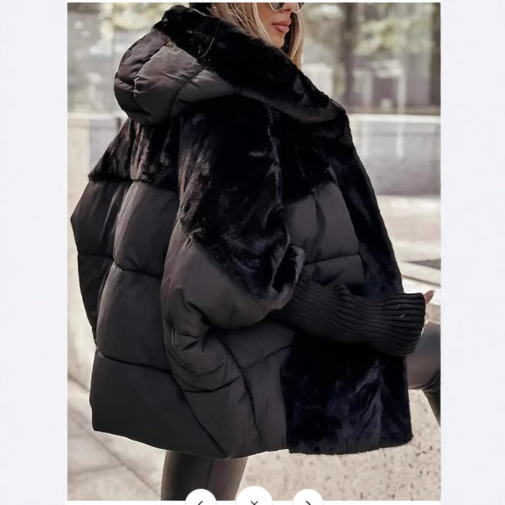 Women's oversized quilted winter jacket with faux fur panels, hood and integrated ribbed sleeve details Mune Fashion