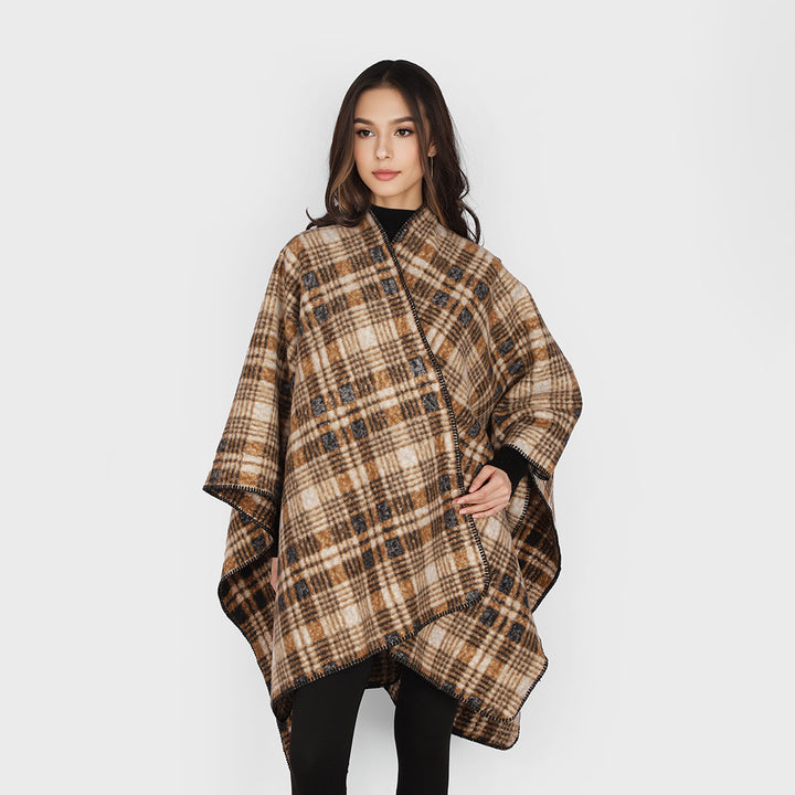 Women Oversize Wool Blend Cape Poncho in Rectangular Cut with Check Pattern and Decorative Overlock Edge Mune Fashion