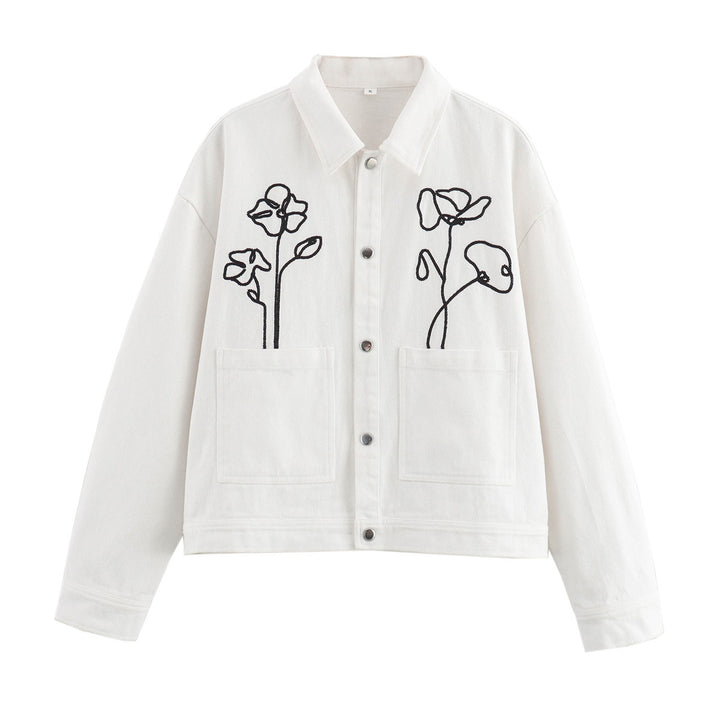 Women's oversized jeans jacket with floral line embroidery and patch pockets Mune Fashion